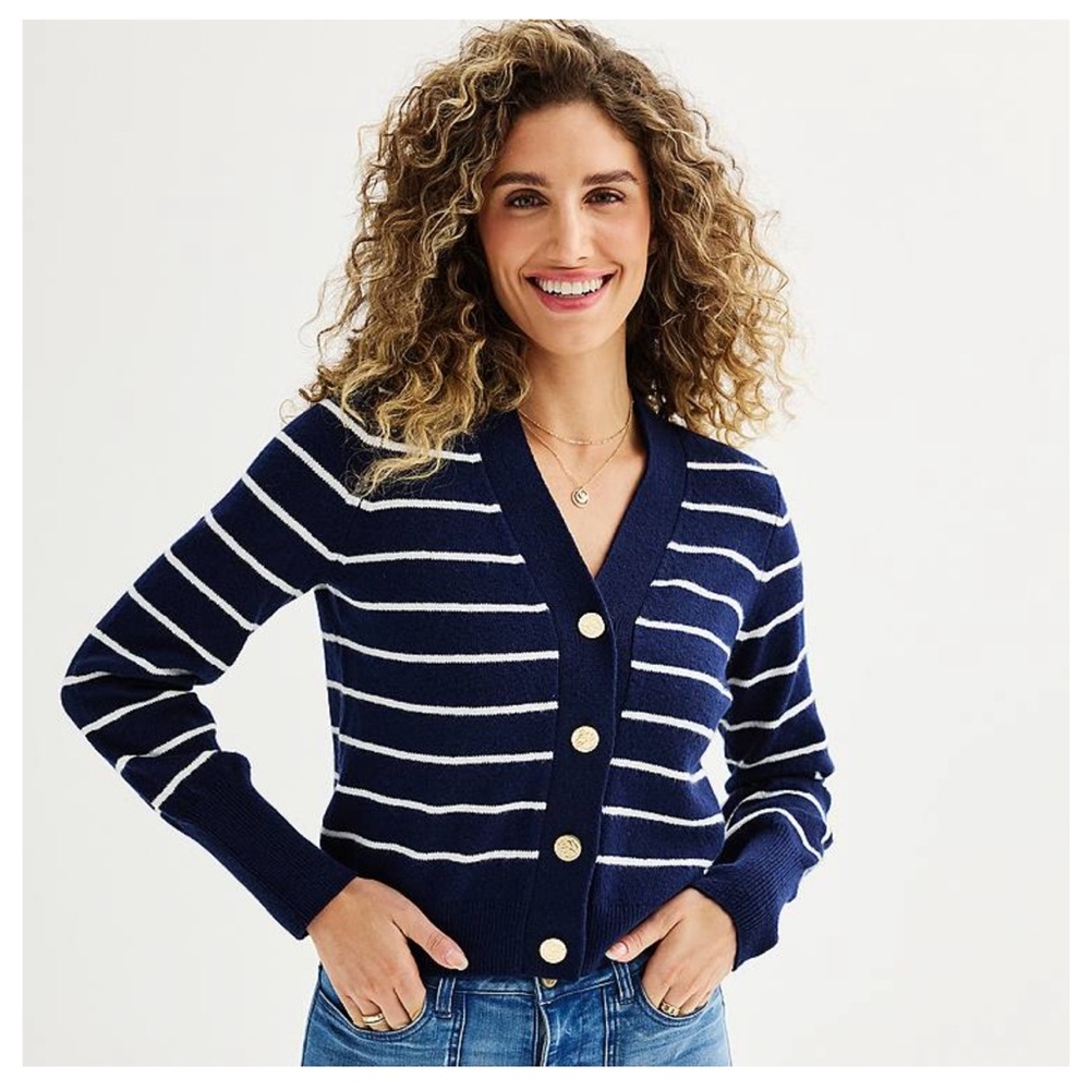 Draper James NWT Navy Varsity Stripe V-Neck Button Cropped Cardigan Sweater